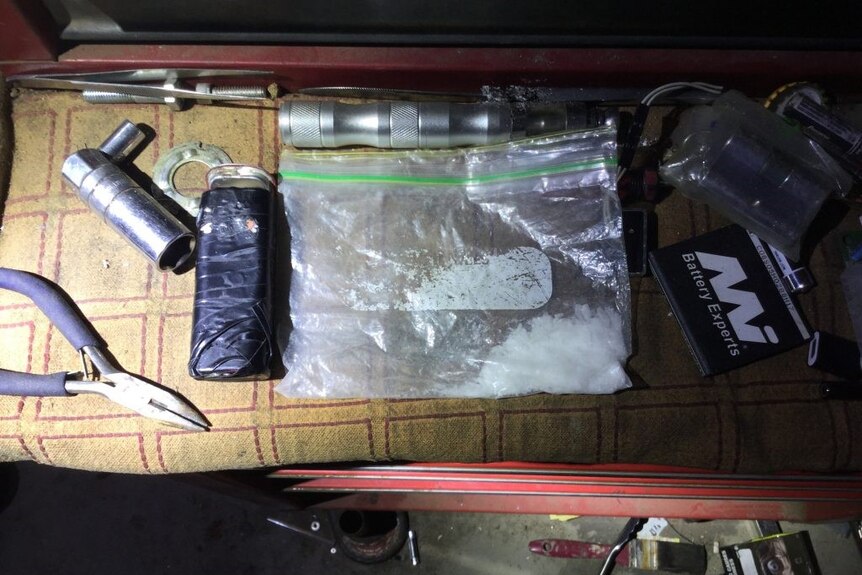 Clip seal bag of methylamphetamine allegedly found during a police search of a property.