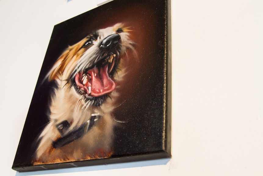 A painting of a terrier panting.