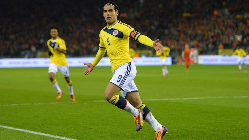 Colombia's Radamel Falcao celebrates after scoring against Belgium in Brussels in November 2013.