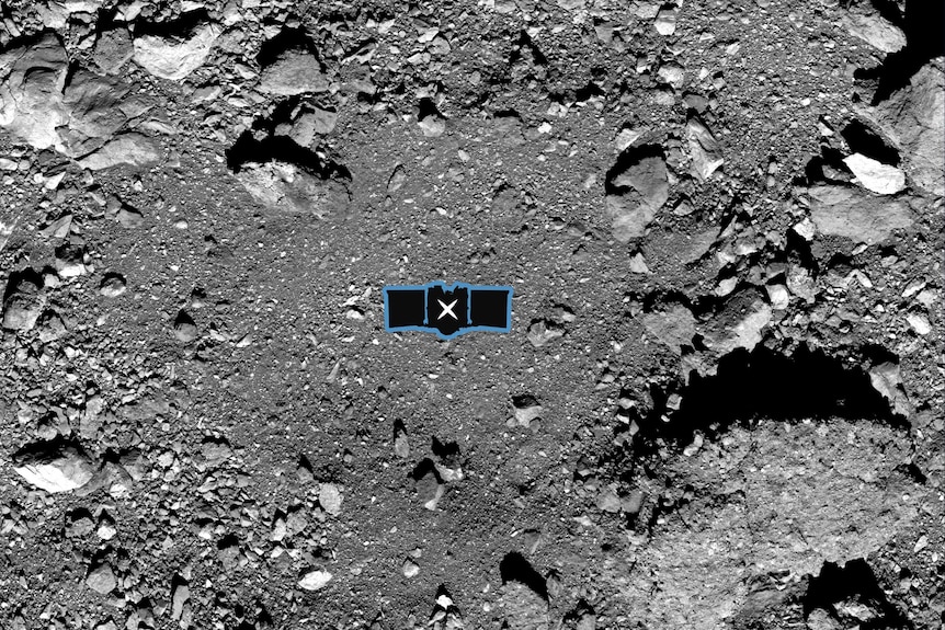Close up of Nightingale crater with size of OSIRIS-Rex spacecraft superimposed
