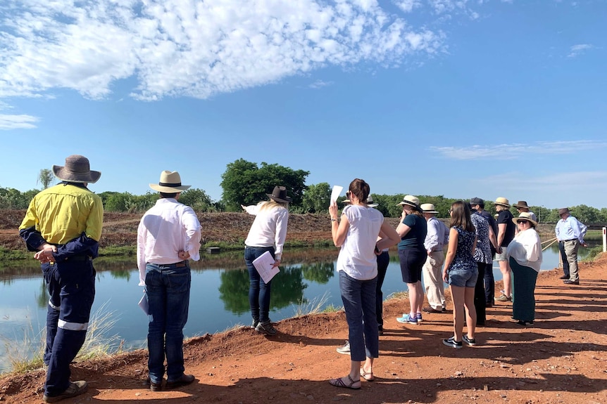 A group of people standing at the edge of an irrigation channel looking into the distance