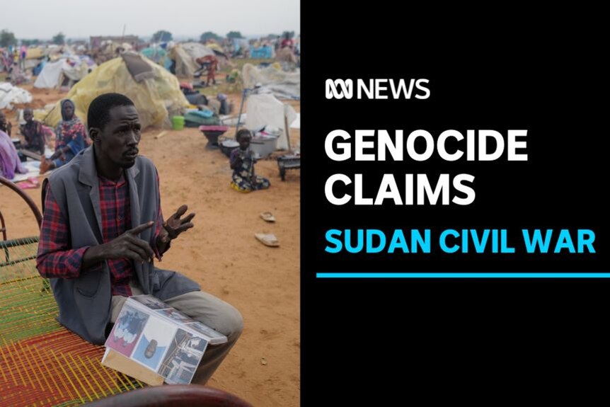 Genocide Claims, Sudan Civil War: A man speaks with a book of photos lying in his lap.