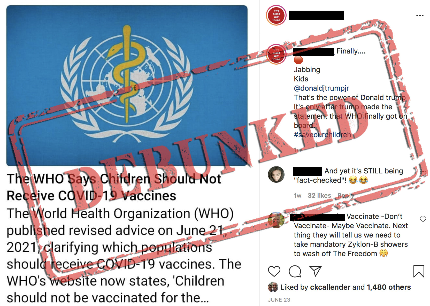 An instagram post containing the logo for the WHO with a large "debunked" overaly
