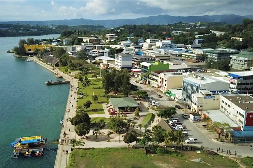 Drone shot of vibrant harbourside city, Port Vila in Vanuatu