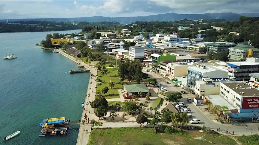 Drone shot of vibrant harbourside city, Port Vila in Vanuatu
