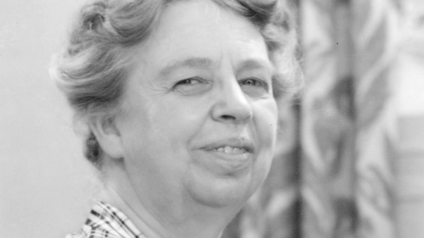 Black and white photo of Eleanor Roosevelt, gently smiling