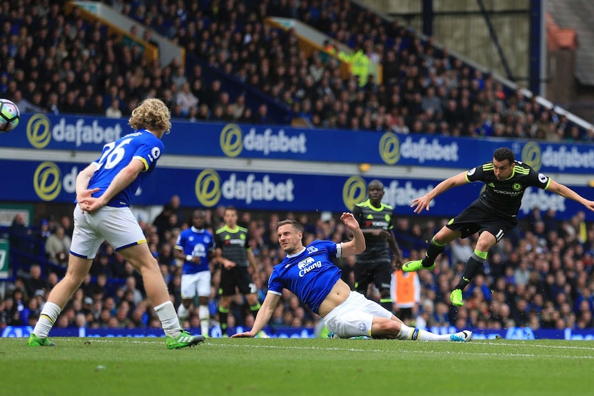 Pedro blasts a goal past Everton