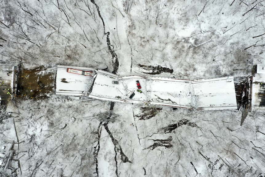 a aerial drone shot of bridge collapse 