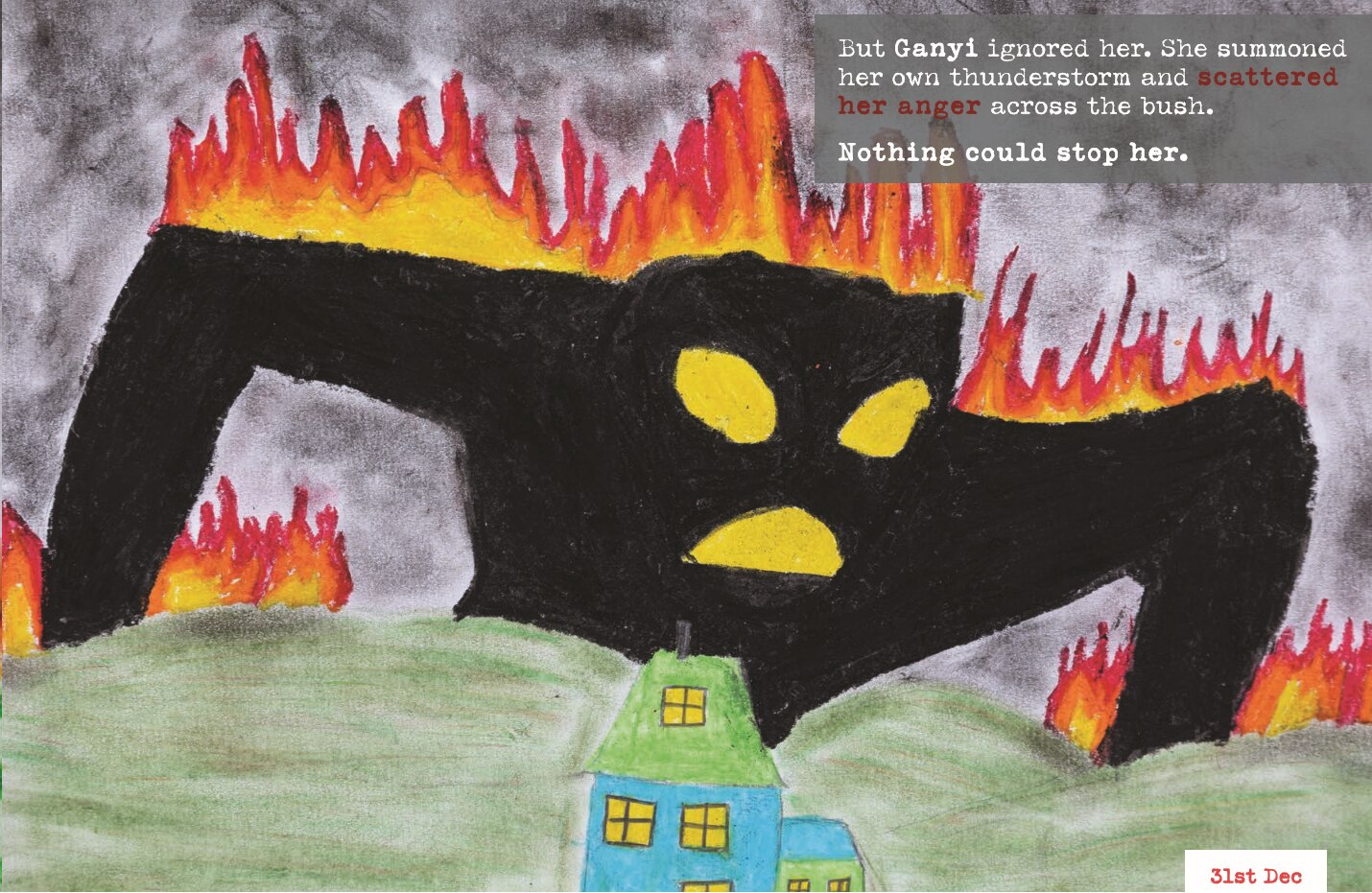 A drawing of a black monster with flames on its back coming over a green hill representing a bushfire