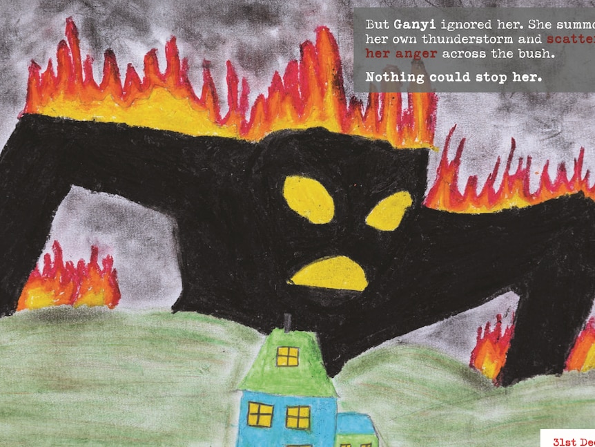 A drawing of a black monster with flames on its back coming over a green hill representing a bushfire