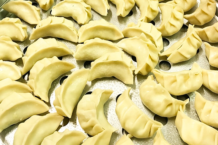 A container full of Asian dumpling style food.