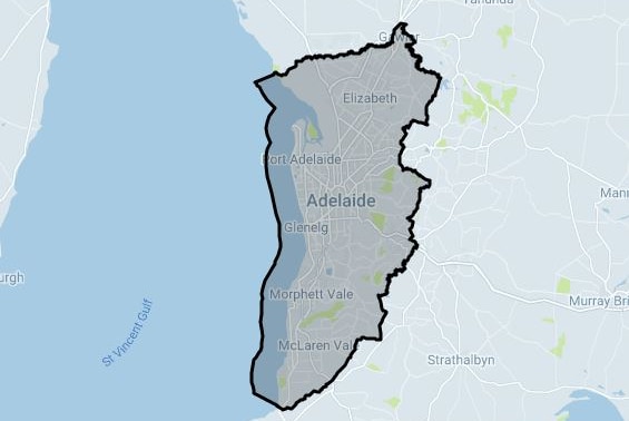 A map of Adelaide with a black line around it
