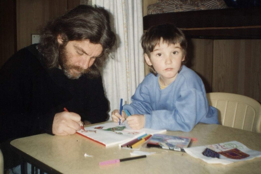 Josh Pringle drawing as a child with his father Bruce.