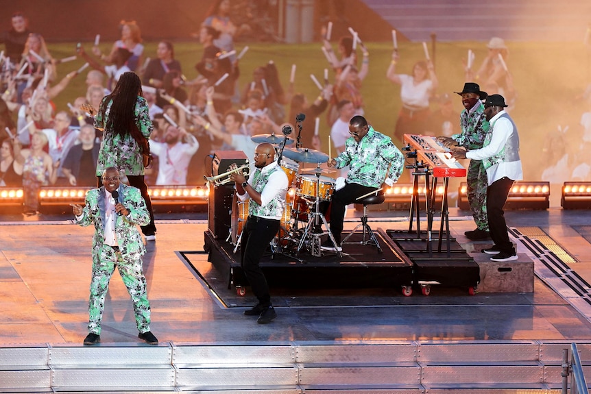 Musical Youth playing on stage at the Commonwealth Games closing ceremony