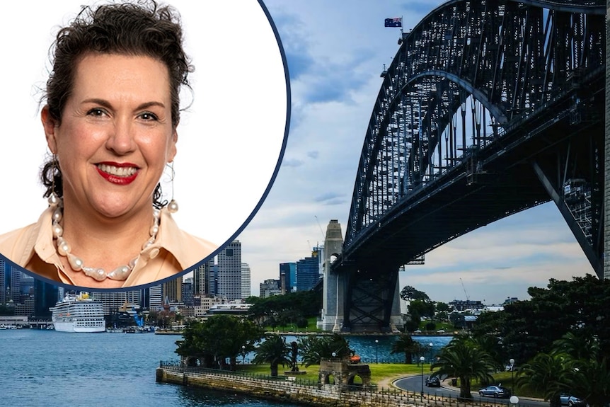 A woman's face is superimposed onto a picture of Sydney Harbour with the bridge spanning across the water