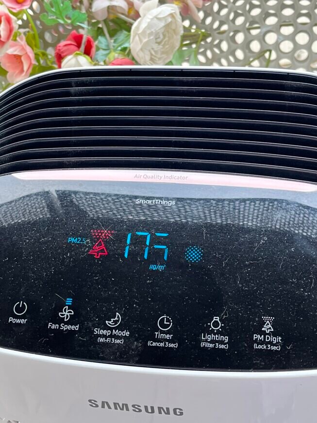 The screen of an air purifier displaying a reading of "175".