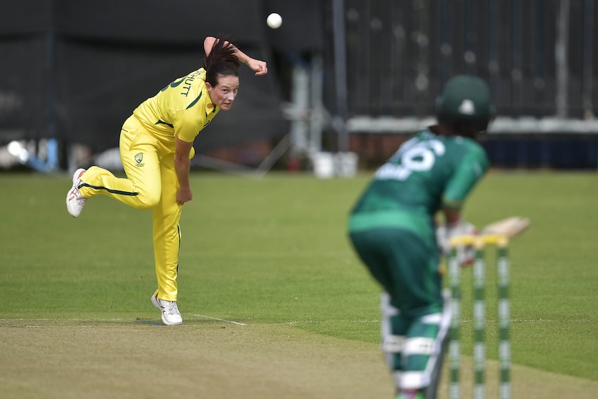 Australia bowler Megan Schutt completes her action while bowling to Pakistan in a T20.
