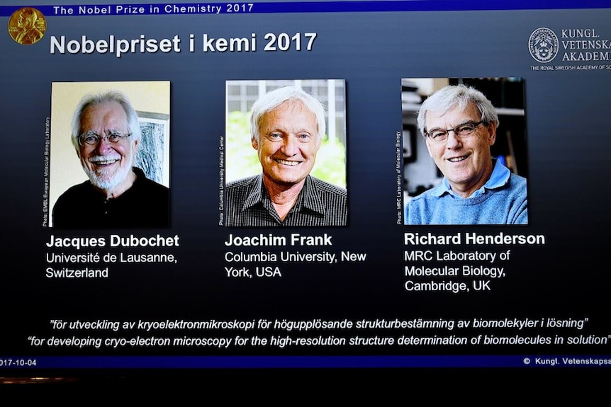 The names of Jacques Dubochet, Joachim Frank and Richard Henderson are displayed on the screen.