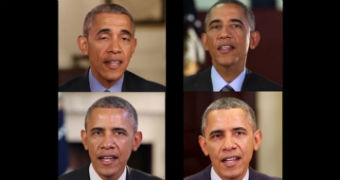 Four images from stills of a  video of a man's face being digitally altered