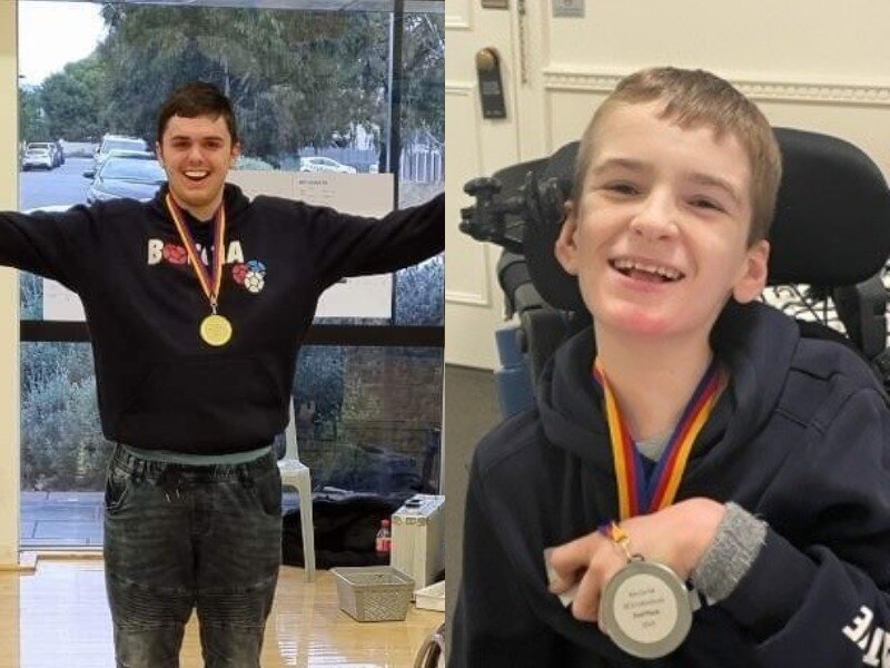 A composite photo, on left, smiling older teen, gold medal, arms wide, right smiling younger boy in wheelchair, silver medal.