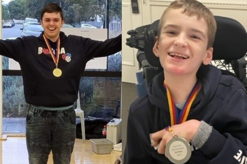 A composite photo, on left, smiling older teen, gold medal, arms wide, right smiling younger boy in wheelchair, silver medal.