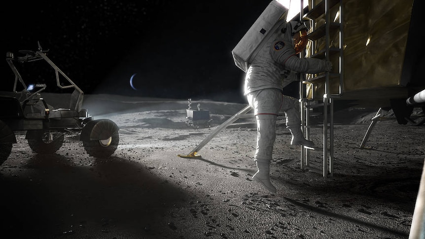 Concept image of an Artemis astronaut stepping onto the moon.