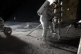 Concept image of an Artemis astronaut stepping onto the moon.