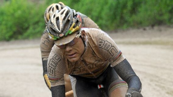 Evans gets his hands dirty on the "strade bianche" (white roads) of Tuscany on way to victory.