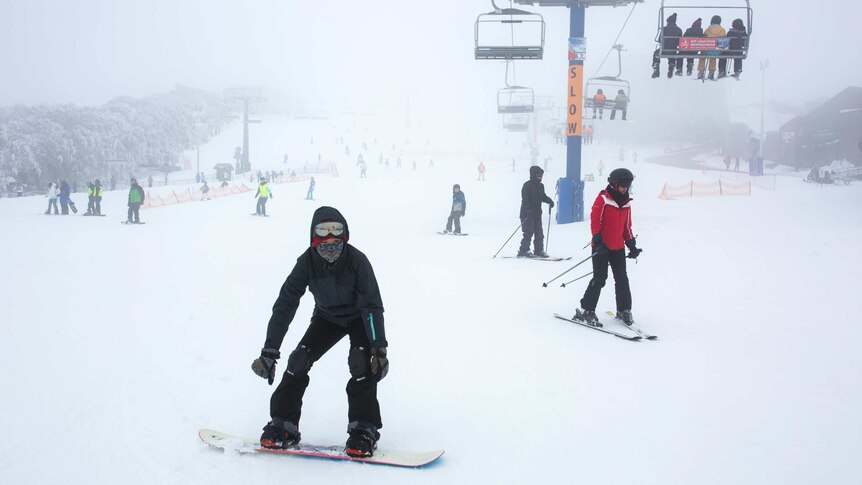 A view of a popular run at Mt Buller shows snowboarders, skiers and the chairlift.
