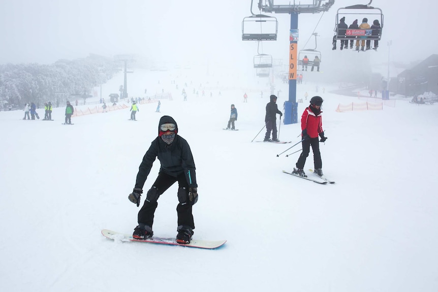 A view of a popular run at Mt Buller shows snowboarders, skiers and the chairlift.