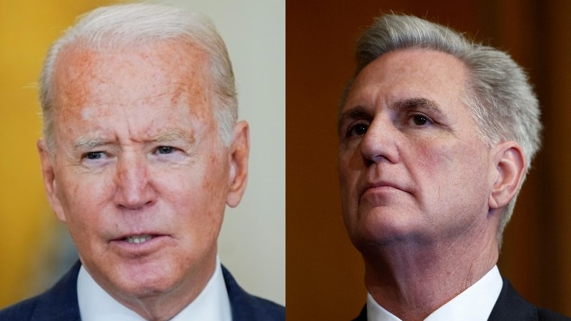 A composite image of Joe Biden and Kevin McCarthy, two older white men.