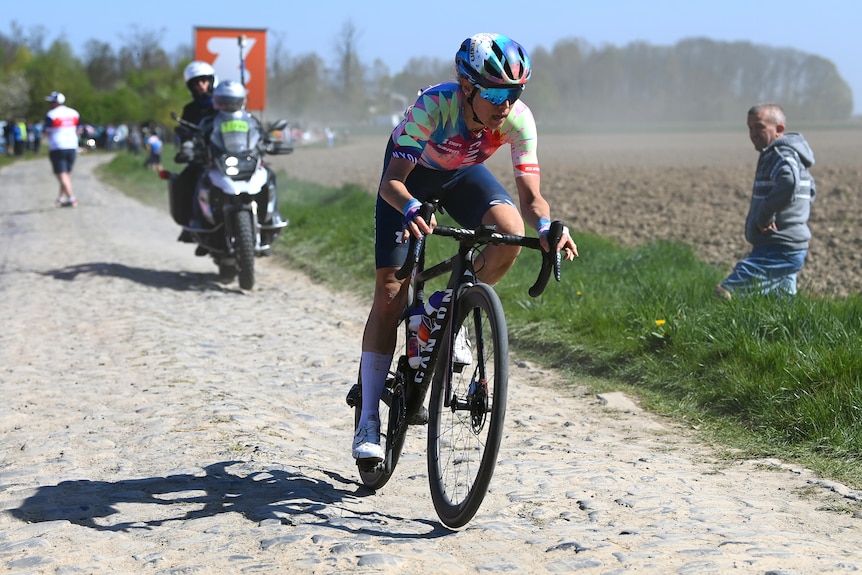 An Australian female cyclist competing in the 2002 Paris-Roubaix Femmes race.