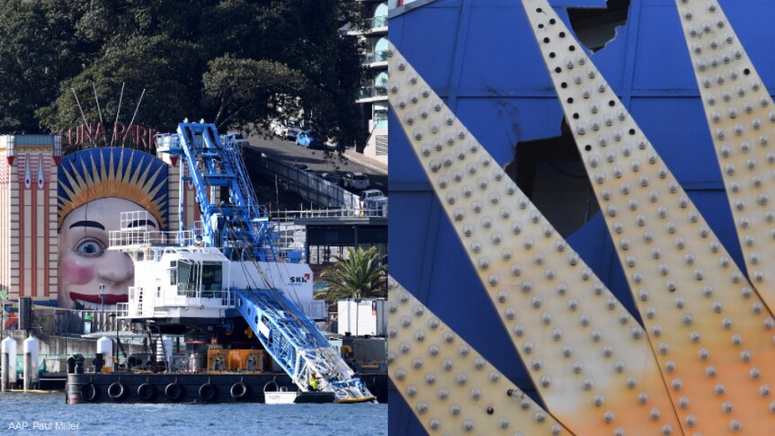 A composite image of a crane in water, and a hole in a sign.