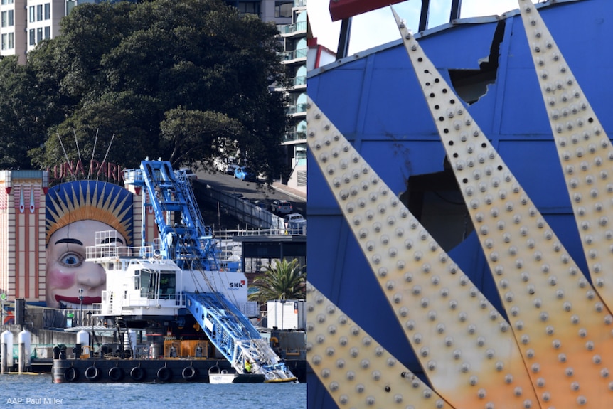 A composite image of a crane in water, and a hole in a sign.