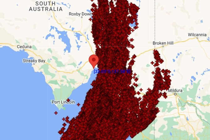 Red dots concentrated over Yorke Peninsula, adelaide metro and southern parts of south australia
