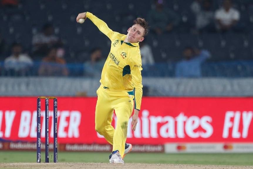 Marnus Labuschagne of Australia delivers a ball during the ICC Men's Cricket World Cup India 2023 warm up match.