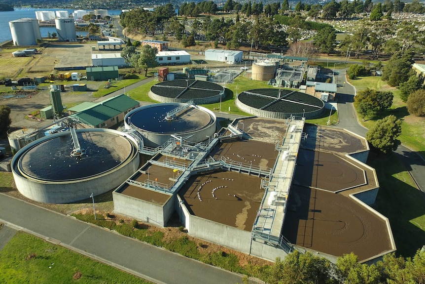 A picture of a sewerage plant as seen from the air.