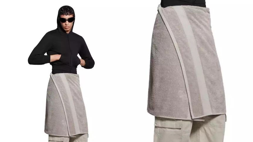 The Balenciaga skirt, which looks like an ordinary grey towel wrapped around a man's waist 