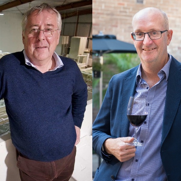 collage of two older men man on left with grey hair and spectacles man on right bald with spectacles holding red wine in glass