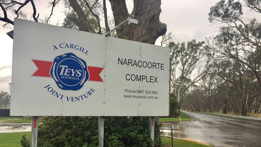 A sign which says "A Cargill Teys Australia Joint Venture: Naracoorte complex"