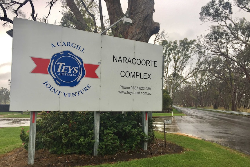 A sign that says "A Cargill Teys Australia Joint Venture: Naracoorte complex".
