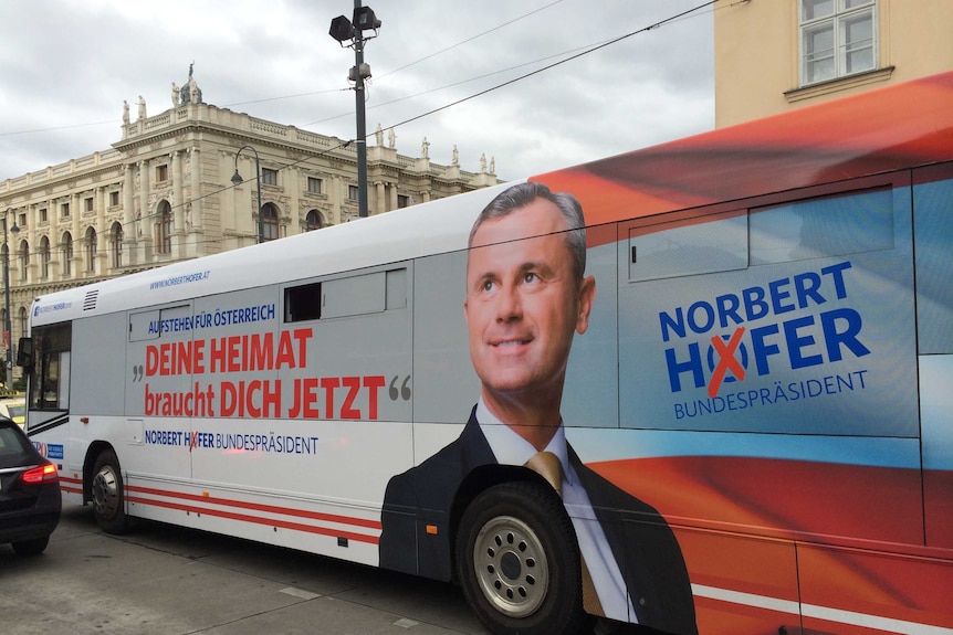 Norbert Hofer advertisement on the side of a bus in Vienna