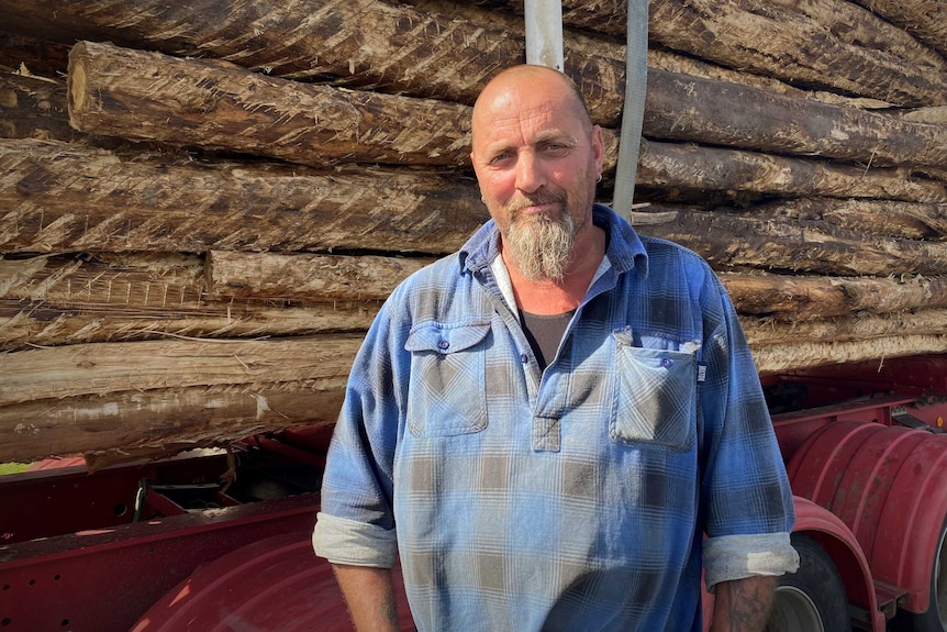 Tasmanian truck driver Stuart Lindsay stands next to a load of logs.