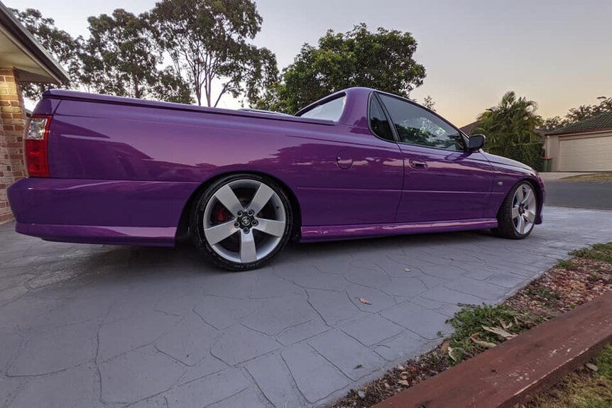 A purple Holden VZ Commodore ute in driveway.