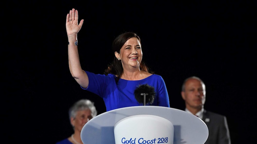 Queensland Premier Annastacia Palaszczuk speaks on stage during the closing ceremony of the XXI Commonwealth Games
