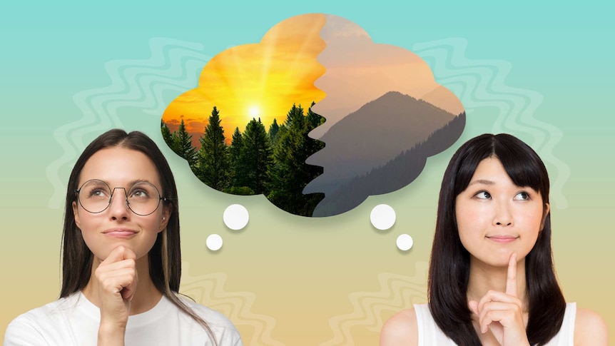 One woman looks thoughtful and imagines a forest, and another woman looks thoughtful and imagines a mountain.