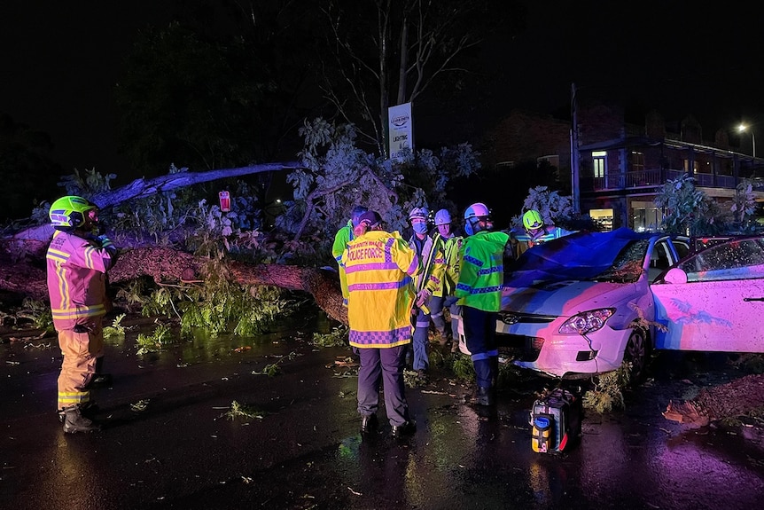 Emergency crews surround a damaged car.