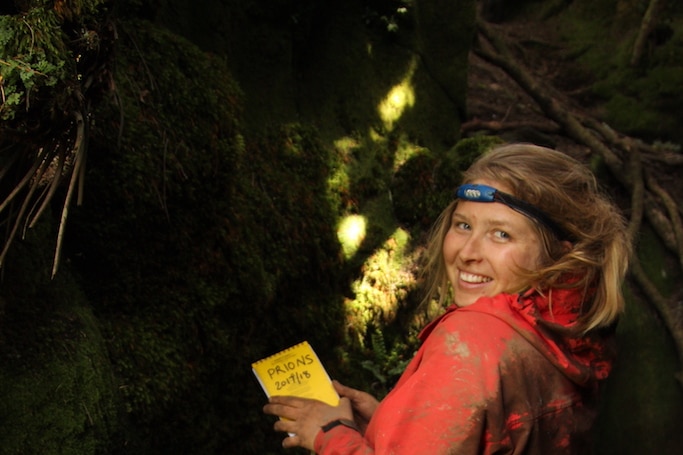 Jaimie Cleeland at the entrance to Prion Cave