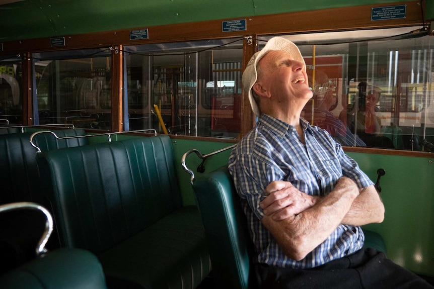 Pat Hallahan, Bus Preservation Society volunteer inside Scarborough 15