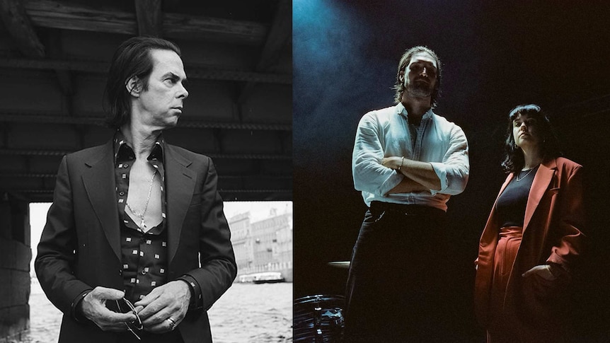 A composite image of Nick Cave in a jacket and Party Dozen with arms crossed and in pockets